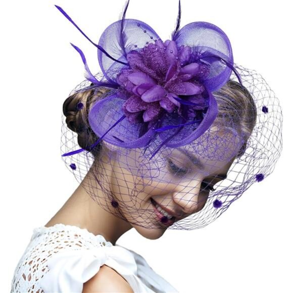 Women's Fascinators Hats with Veil Headwear Purple - Picture 1 of 7